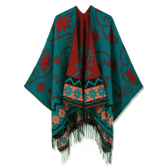 B0 NWT MOSS ROSE Teal Flower Knit Fringed Square Poncho Cape Wrap Shawl Size O/S - Picture 2 of 6